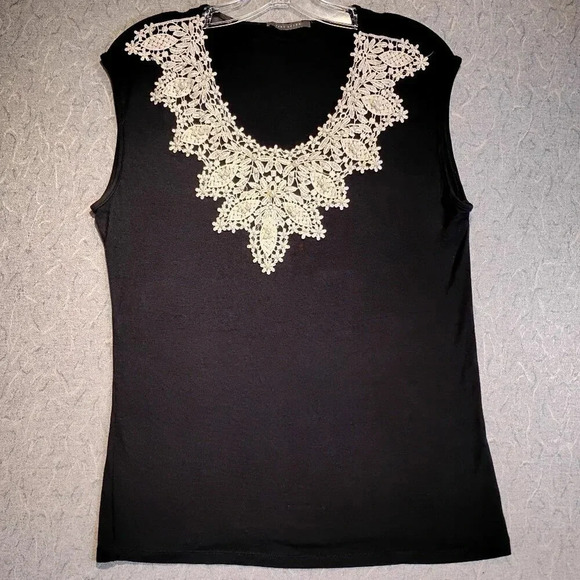 Suzy Shier Black Sleeveless Stretch Blouse White Lace & Pearl Neck CK MEASURE - Picture 1 of 6